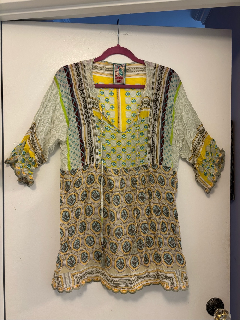 Johnny Was Yellow & Green Mixed-Print V-Neck Tunic boho